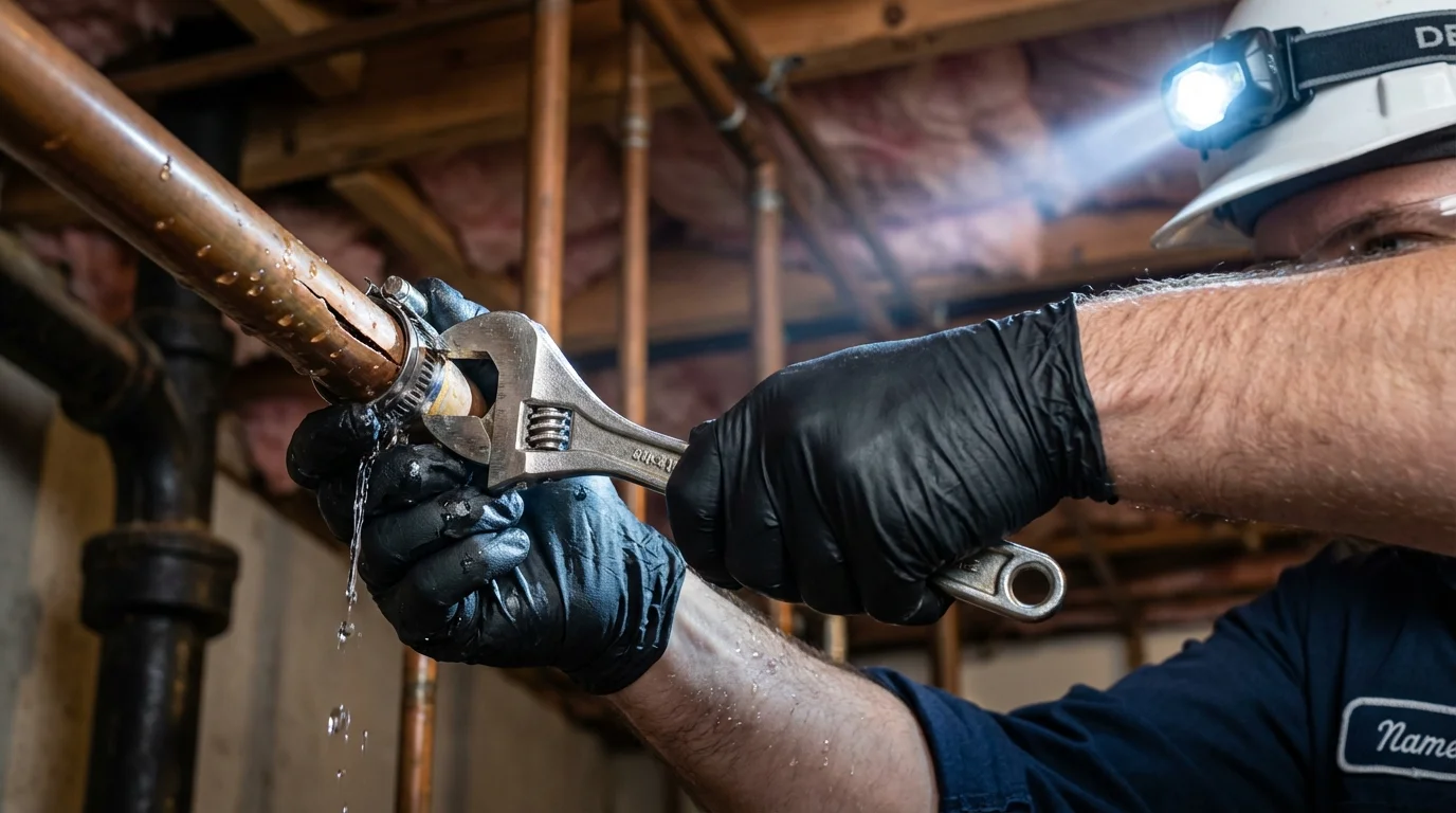 Emergency pipe clamp repair being performed by a Johns Plumbing LLC plumber in Steele