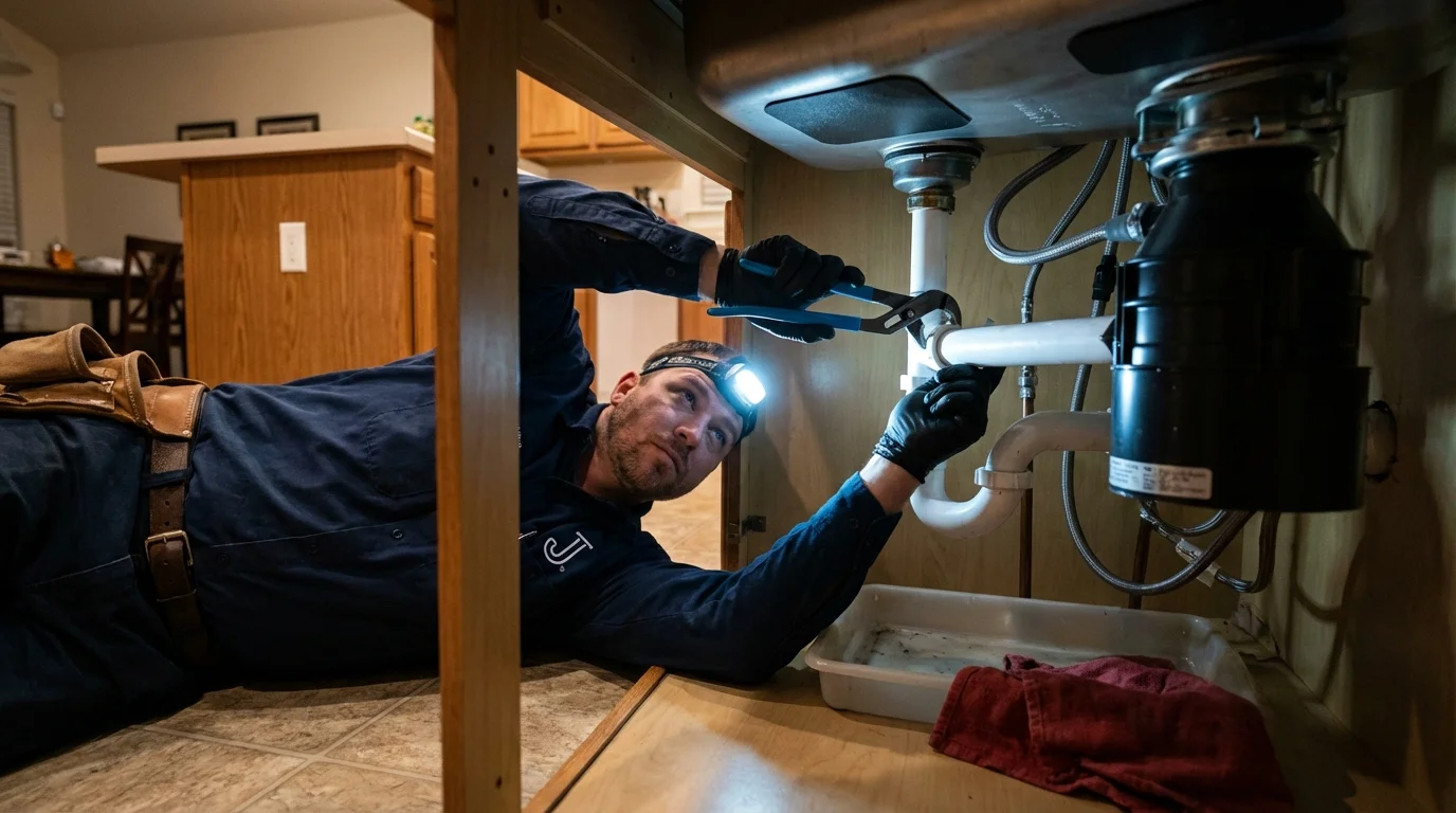 P-trap and supply line connections under a kitchen sink showing a common leak point in Steele, AL